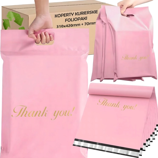 Pink mailing poly bags with handle 310 × 420 + 70 mm, 50 pcs