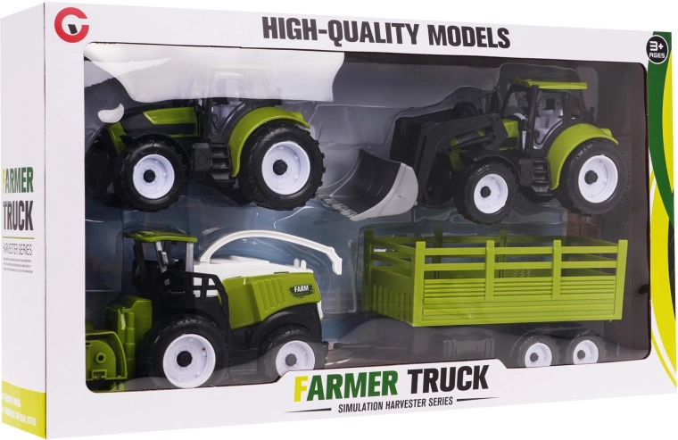 Children's set of agricultural vehicles with tractors, combine harvester and trailer