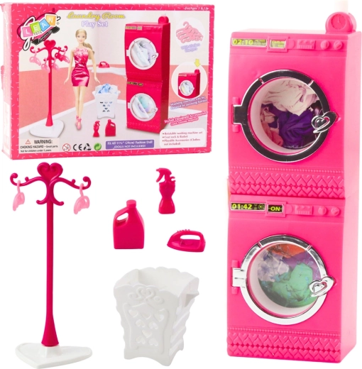 Pink laundry set for dolls – washing machine, dryer, rack and basket