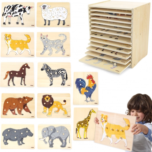 Viga Montessori puidust puslede komplekt 12 loomaga koos alusega
