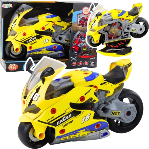 Interactive 2-in-1 Motorcycle with Take-Apart Workshop, Lights, Sounds, and Smoke Effect – Yellow 43 cm
