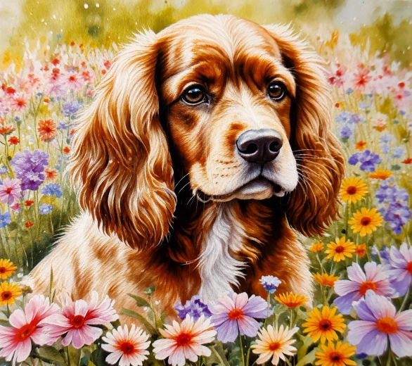 Norimpex teemantmaalimine kokkerspanjel lilledes 30 × 40 cm