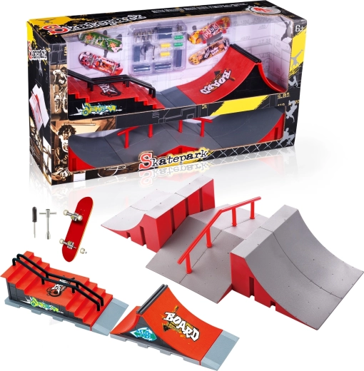 Fingerboardi skatepargi komplekt XL trepiga, käsipuuga ja 2 fingerboardiga
