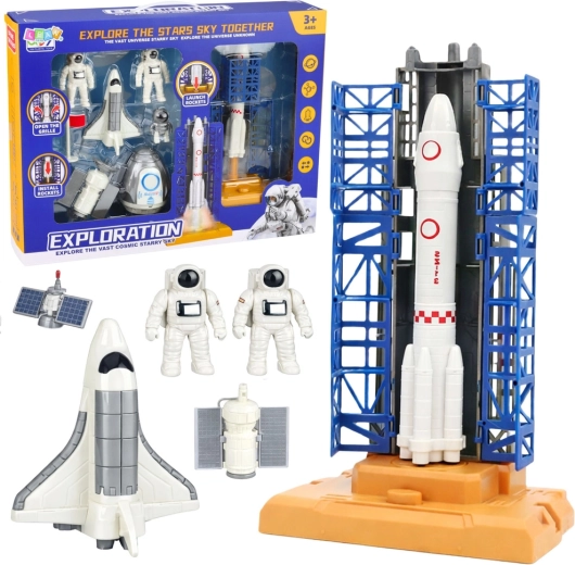 Space set with rocket, launch tower and astronauts