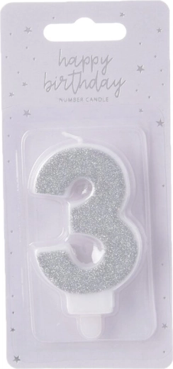 Number 3 Silver Cake Candle 7 cm