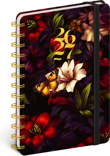 Spiral 18‑month planner Petito – red flowers 2026/2027, 13 × 18 cm