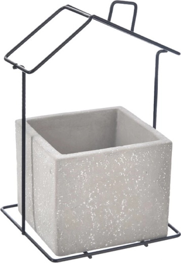 Concrete and metal house-shaped planter, gray