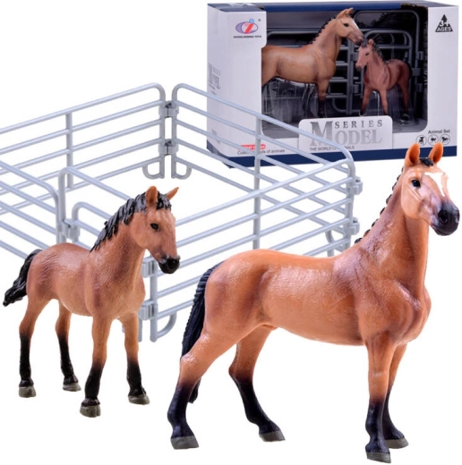 Set of horse and foal figurines with a paddock – Brown – enclosure without gate