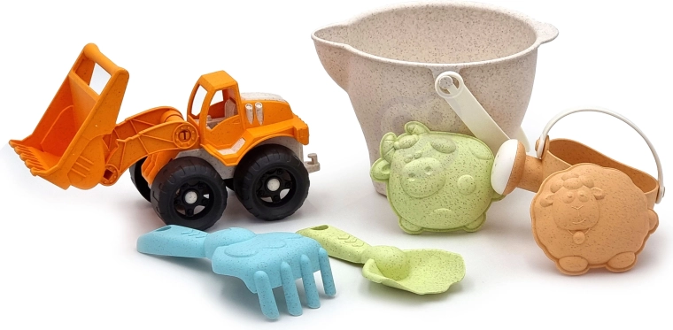 WOOPIE GREEN liivamänguasjade komplekt laaduriga ämbris, 7 osa, biolagunev materjal