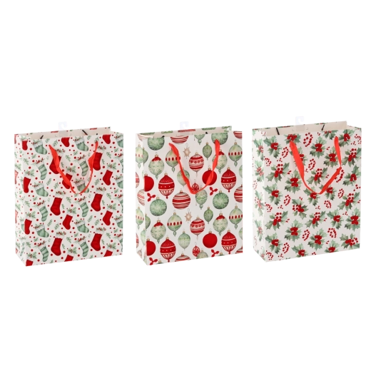 Jõuluteemaline kinkekott – traditsiooniliste motiivide valik, 26 × 32 × 10 cm (pakendis 12 tk)