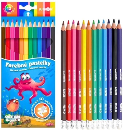 Kustutatavad kuusnurksed värvipliiatsid Junior Ocean World, komplekt 12 tk