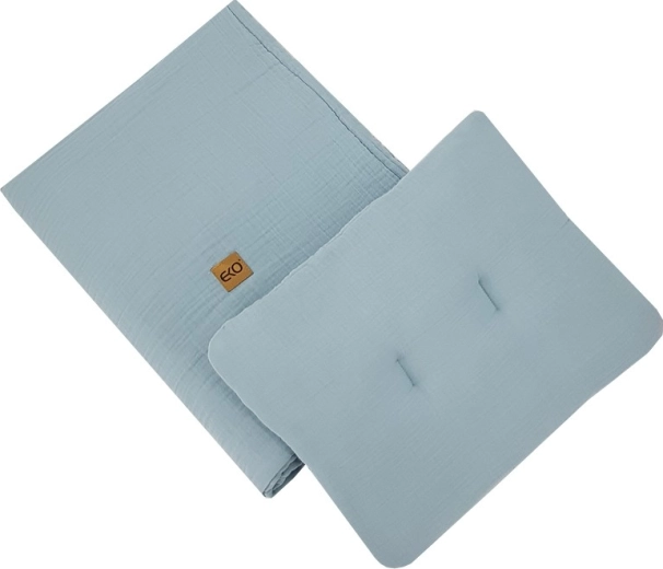 Eco muslin crib set blue (pillow 30 × 40 cm, duvet 75 × 100 cm)