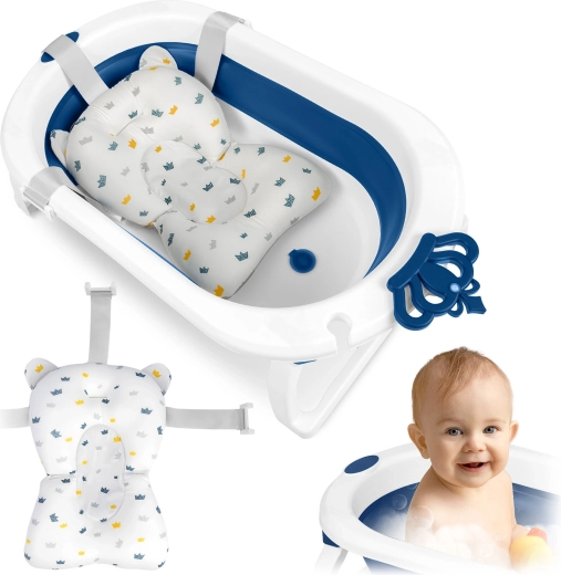 Folding baby bathtub with newborn insert, white–blue