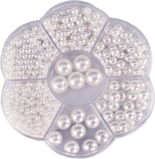 Metallic white stringing beads in a box 1150 pcs (3–12 mm)