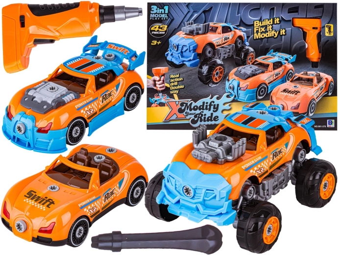 Disassemblable and buildable 3-in-1 tuning car with battery-powered screwdriver (monster truck) - 1 piece