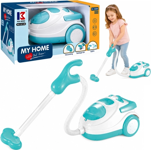 Children’s battery-powered vacuum cleaner, blue and white, with light, sound and polystyrene beads