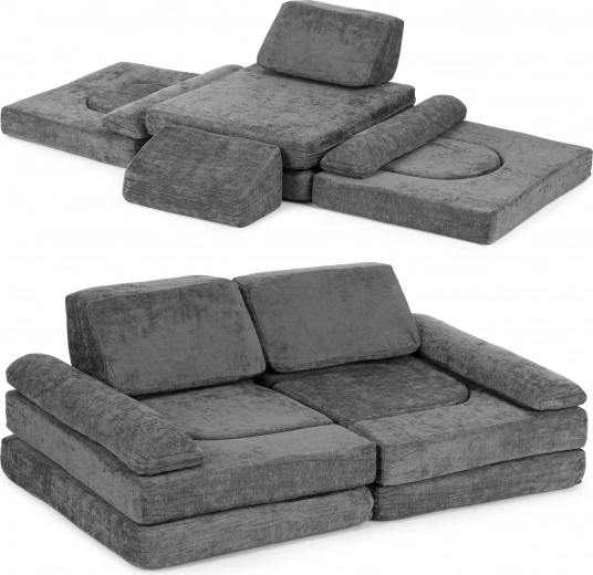 Folding modular children's sofa for 2 kids with 10 soft upholstered pieces – gray ECOTOYS