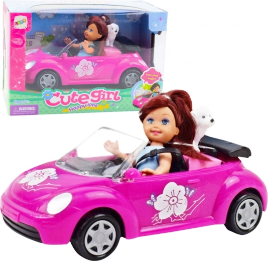 Mini nukk roosa kabrioleti ja koerakesega