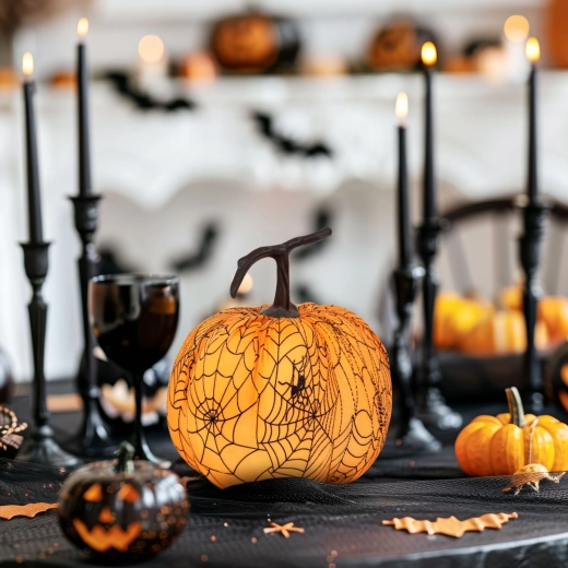 Halloweeni dekoratiivne kõrvits ämblikuvõrguga, 16,5 cm