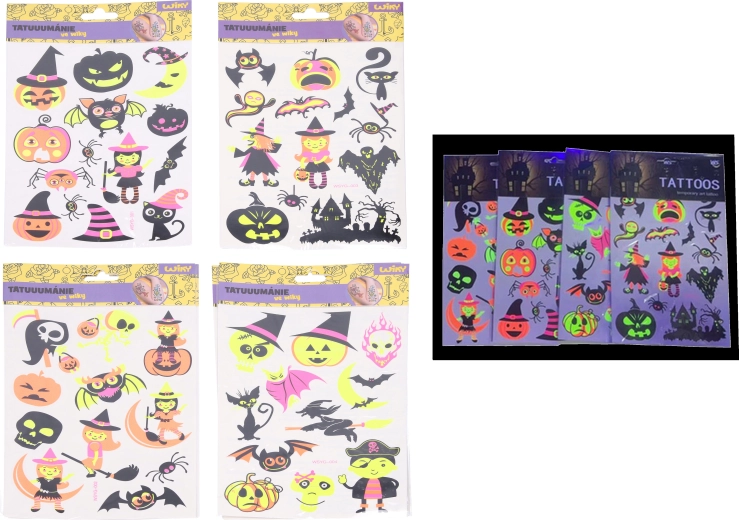 Fluorestseeruvad ajutised tätoveeringukleepsud Halloween 16,5 × 22 cm