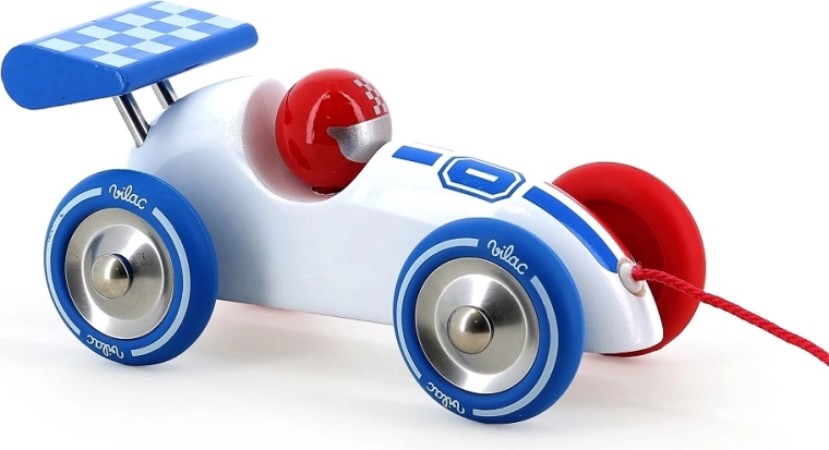 Vilac pull-along racing car in tricolor (white with a blue fender)