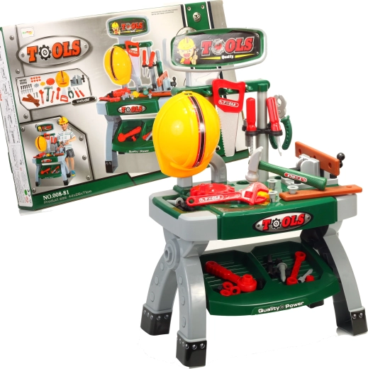Children’s workshop set with green-grey workbench and helmet 71 cm