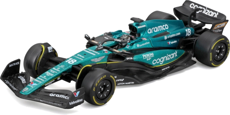 Bburago 1:43 Formula 1 Aston Martin AMR23 #18 Lance Stroll – die-cast model with driver in gift box