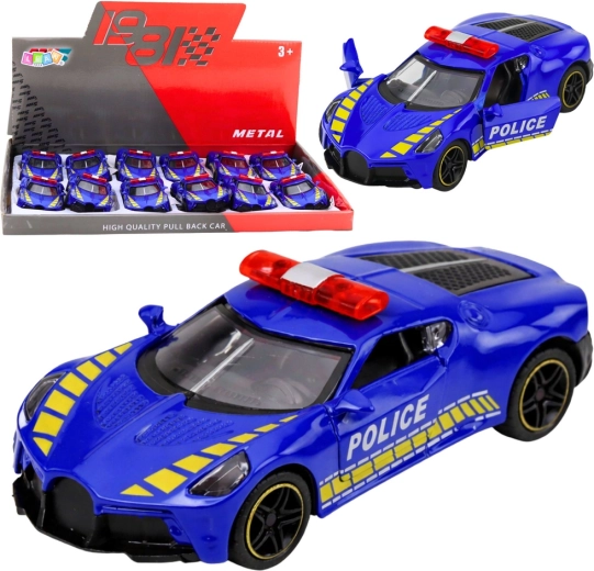 Metal police sports car 1:43 with pull-back drive and opening doors – blue