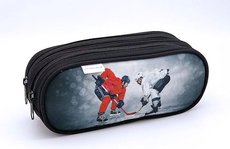 Pencil case with ice hockey motif, 2 zippers, gray