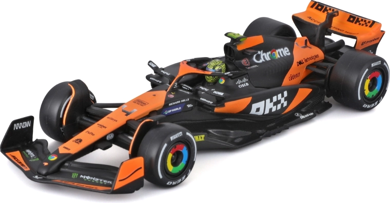 Metallmudel Bburago 1:43 McLaren MCL38 2024 #4 Lando Norris koos sõitjafiguuriga esitluskarbis