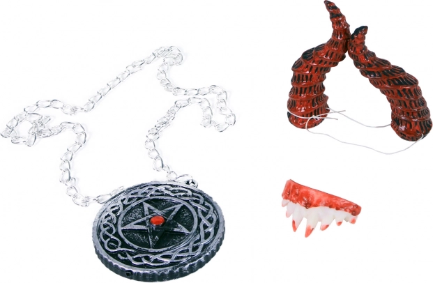 Devil accessories set – horns, necklace and vampire teeth