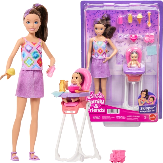 Barbie Skipperi lapsehoidja koos beebi ja söögitooliga