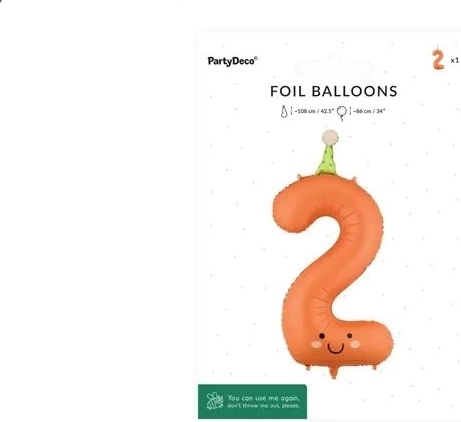 PartyDeco fooliumõhupall number 2 oranž näoga 86 cm