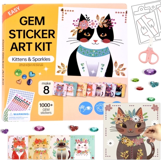 Diamond gem sticker art kittens and sparkle – creative set of 8 pictures