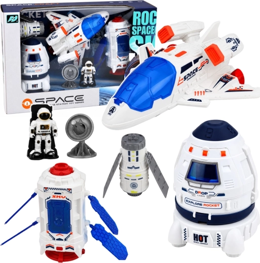 Space set with a space shuttle, satellite, capsule, communication antenna, and astronaut