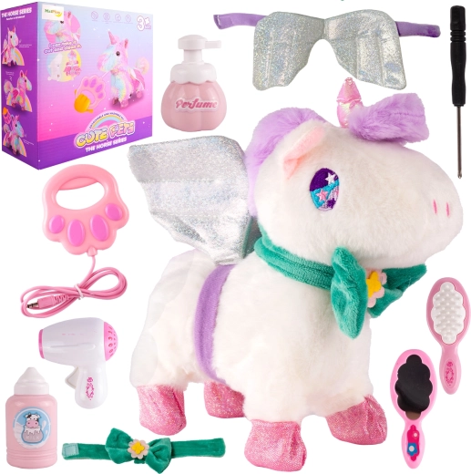 Plush unicorn with battery-powered accessories