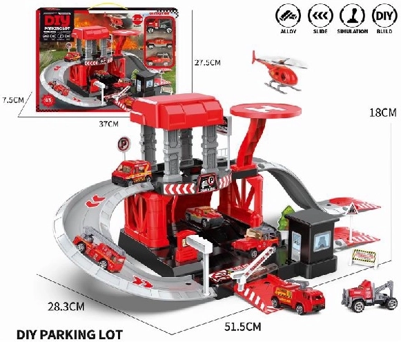 Parking set with metal fire trucks and helicopter
