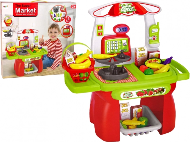 Laste supermarket – ostukorv, kassa, kaal ja toiduained (13-osaline komplekt)