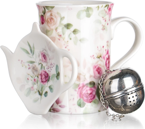 Tea set with roses 340 ml – ceramic mug, stainless steel infuser and tray