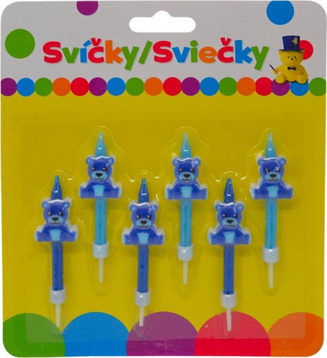 Birthday candles with blue bear and holder, 6 pcs