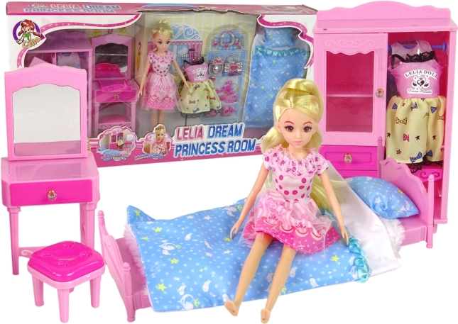 Doll with bedroom – bed, wardrobe and vanity table