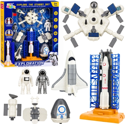 Exploration Space Set – rocket, space shuttle, station, satellites and astronauts with lights