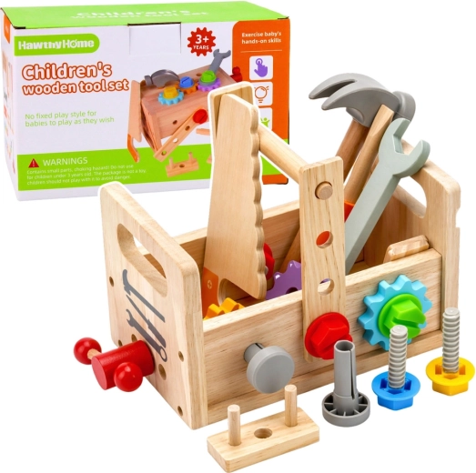 Wooden children's toolbox with tools and gears