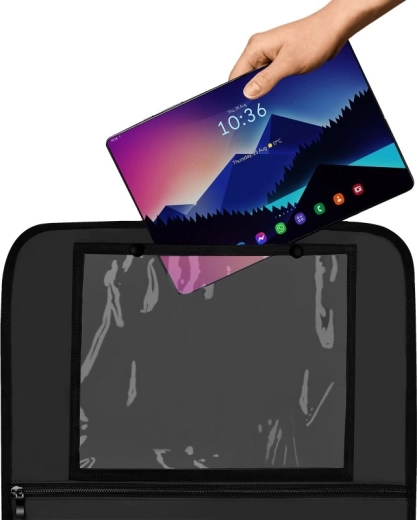 Transparent tablet pocket for entertainment on the go