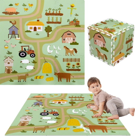 Vahtmaterjalist mängumatt 90 × 90 cm – paks puslematt, 9 osa HUMBI farmi ja külavaheteede motiiviga