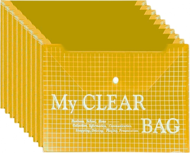 Transparent A4 document envelope with snap button, yellow – 20 pcs
