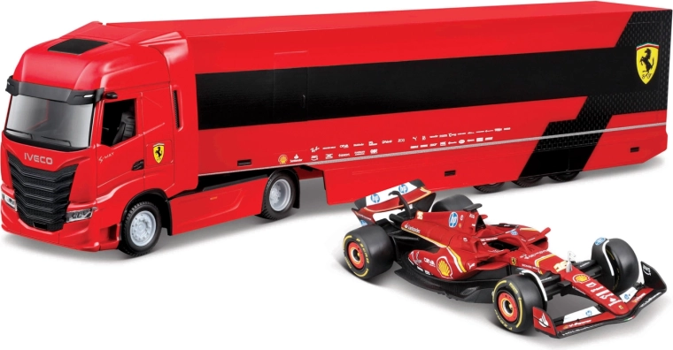 Bburago Ferrari võistlusveok Iveco haagise ja F1 Ferrari SF-24 2024 (Charles Leclerc) 1:43