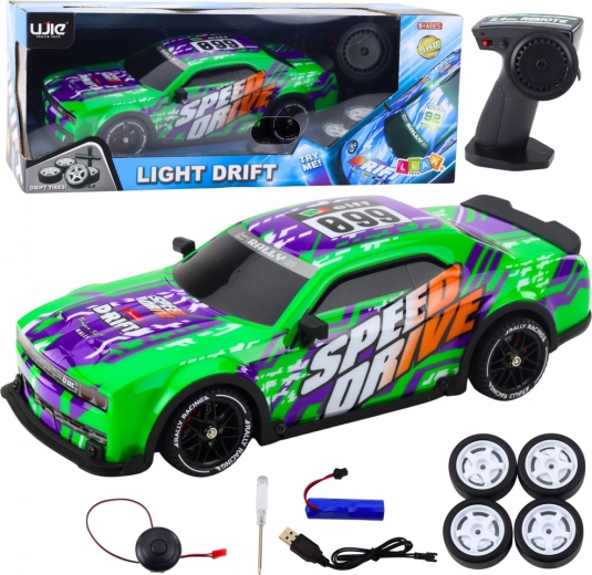 RC sports car with illuminated body and drift – green