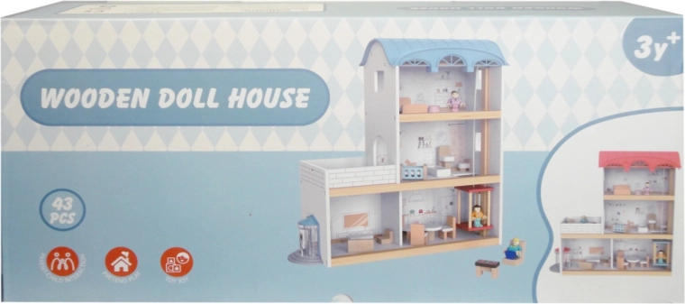 Wooden dollhouse with elevator and furniture