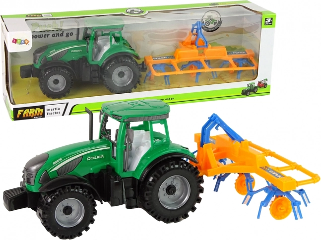 Green Tractor with Hay Rake and Friction Drive